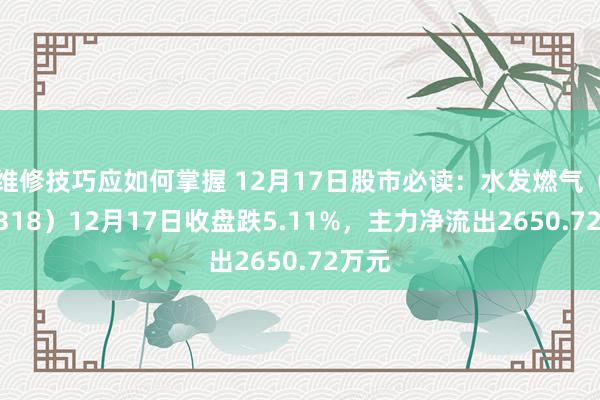 维修技巧应如何掌握 12月17日股市必读：水发燃气（603318）12月17日收盘跌5.11%，主力净流出2650.72万元