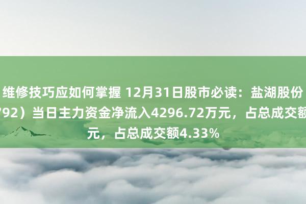 维修技巧应如何掌握 12月31日股市必读：盐湖股份（000792）当日主力资金净流入4296.72万元，占总成交额4.33%